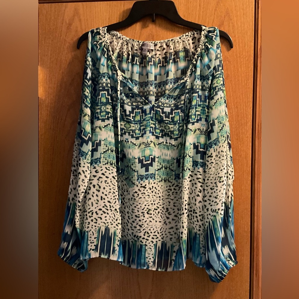 Women’s Jennifer Lopez Cold Shoulder Semi Sheer Long Sleeve Blouse with Ties.